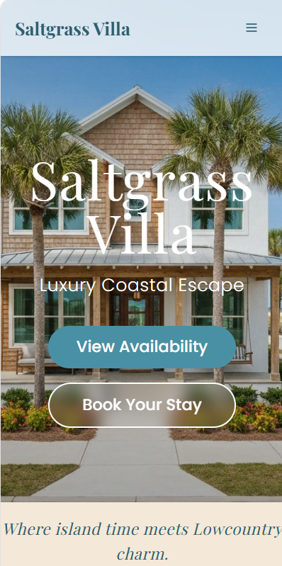 CustomBizSite vacation rental website example showing mobile design for Saltgrass Villa with responsive layout, booking buttons, and optimized touch interface.